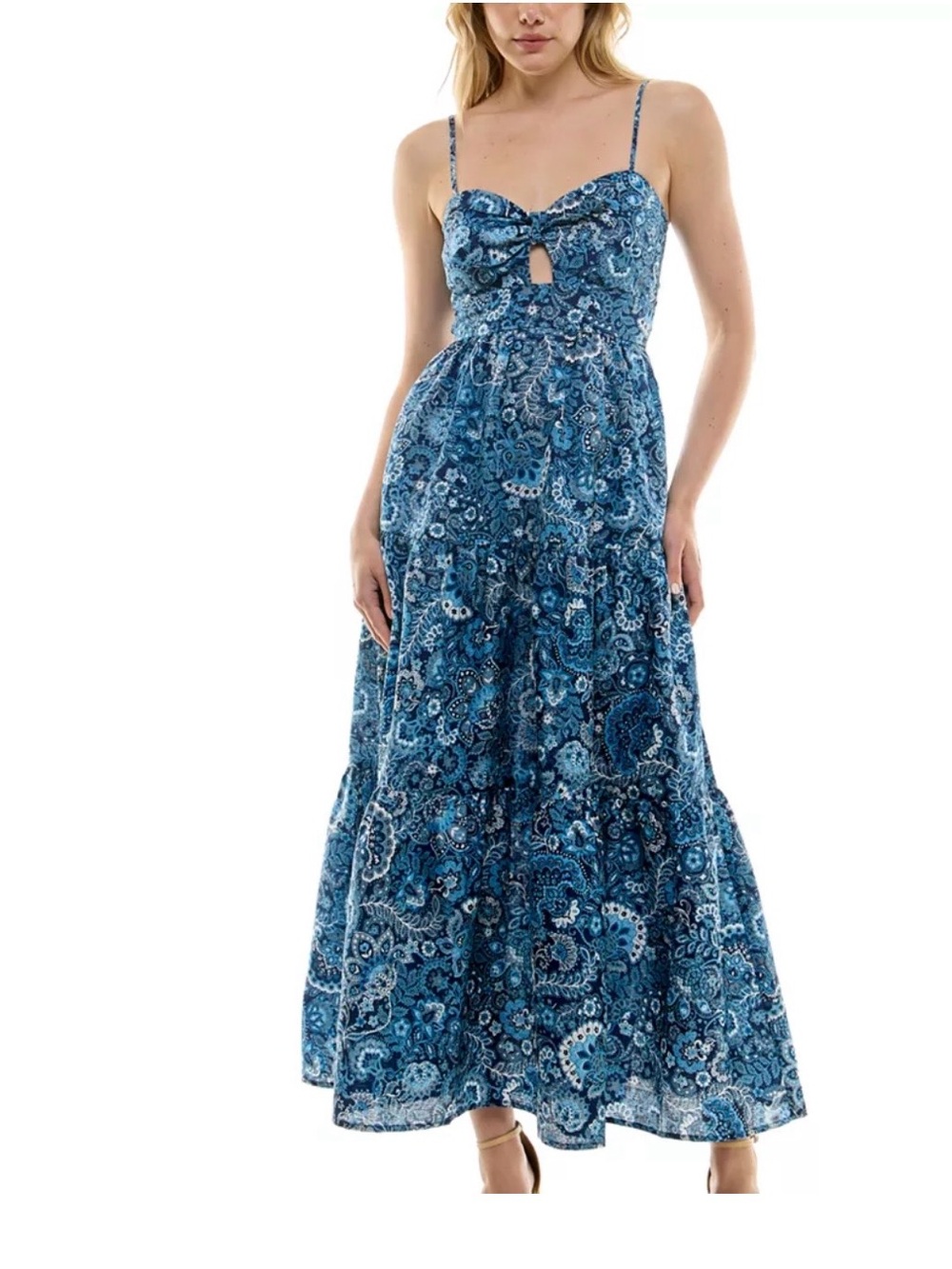 Trixxi Juniors Blue Paisley Tie-Front Maxi Dress with Spaghetti Straps